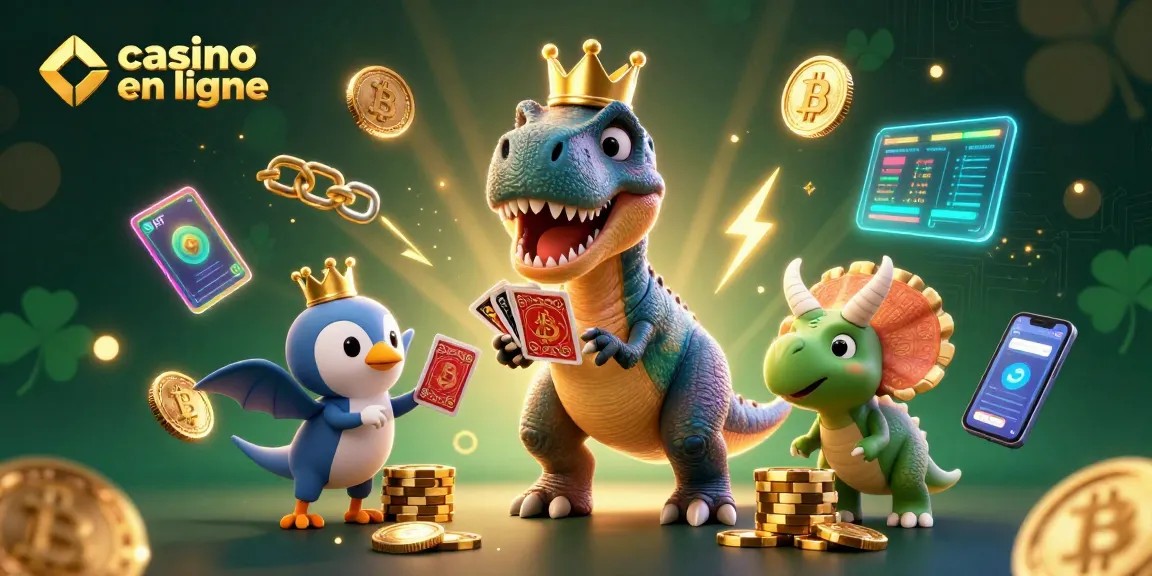 Jouer sur casino en ligne avec un T-Rex, un ptérodactyle et un tricératops au milieu de jetons d'or étincelants.