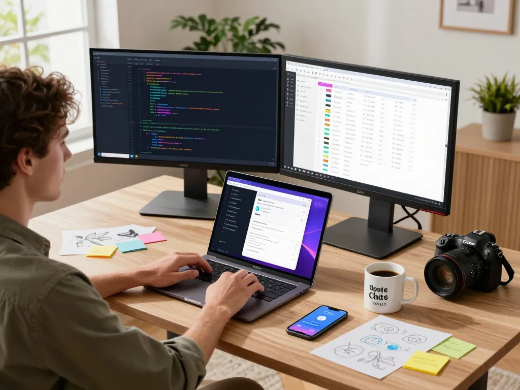 Moltbot AI enhancing productivity in a modern home office workspace with laptops and dual monitors displaying vibrant code and project management dashboards.