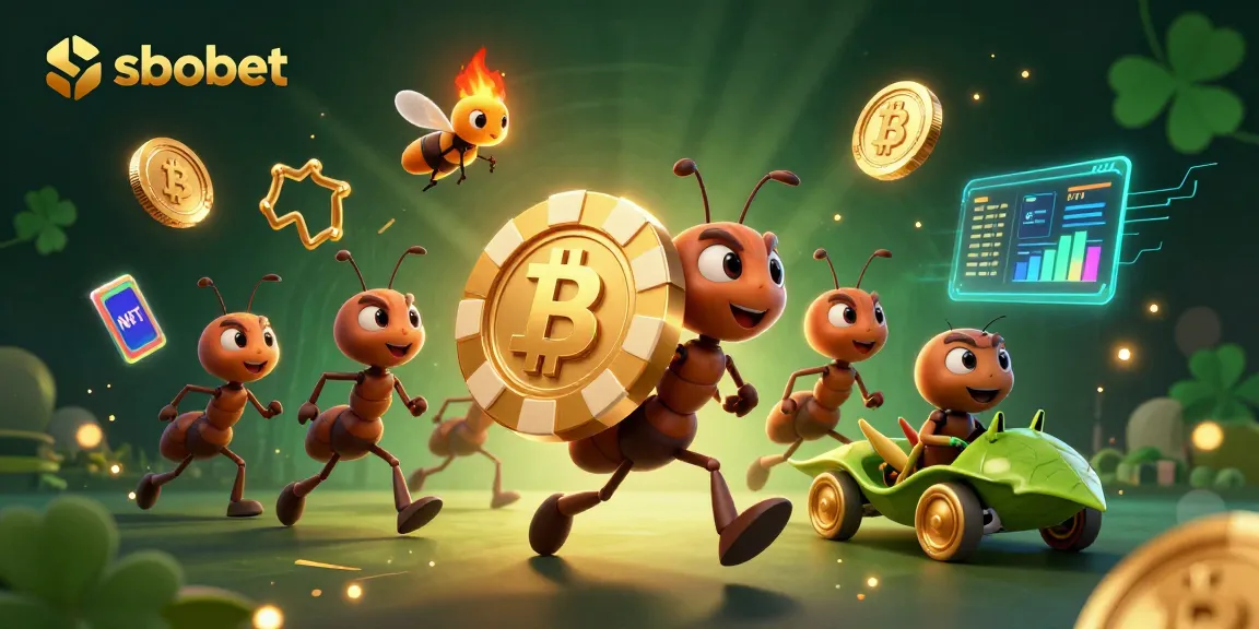 Experience sbobet's thrilling adventure as ants execute a heist with a golden poker chip amid glowing crypto elements.