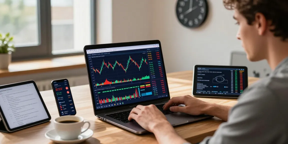 Trader utilizing MetaTrader 5 for forex and stock market analytics in a modern workspace.