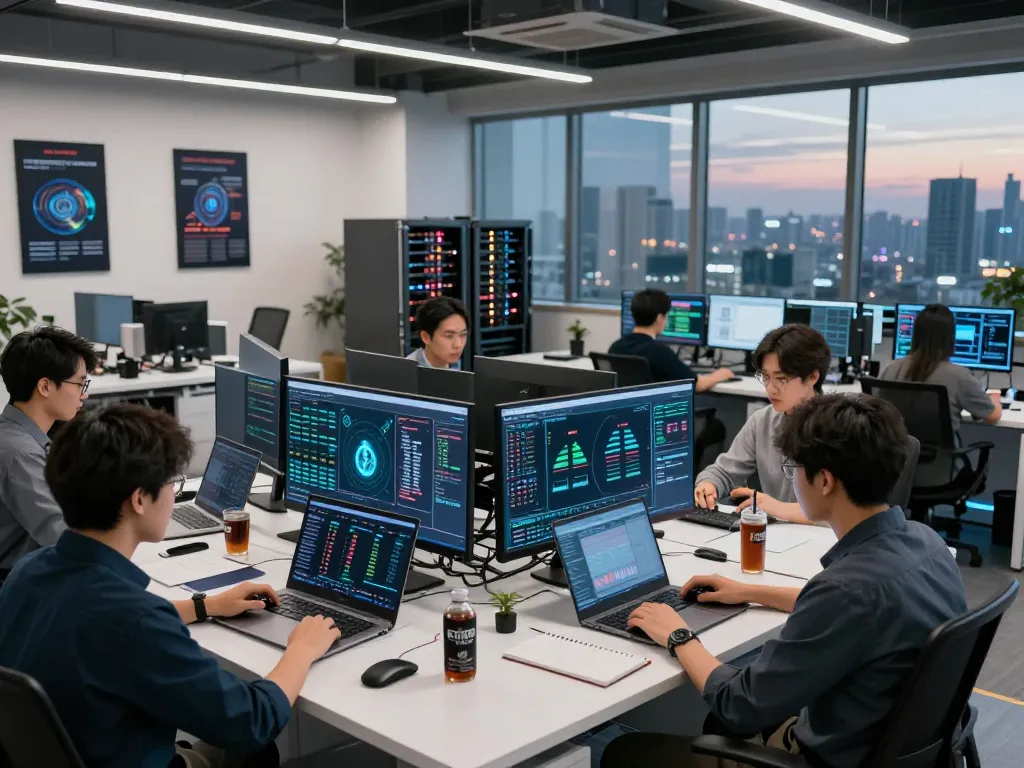 Crypto cloud mining platform team in a high-tech office analyzing data.