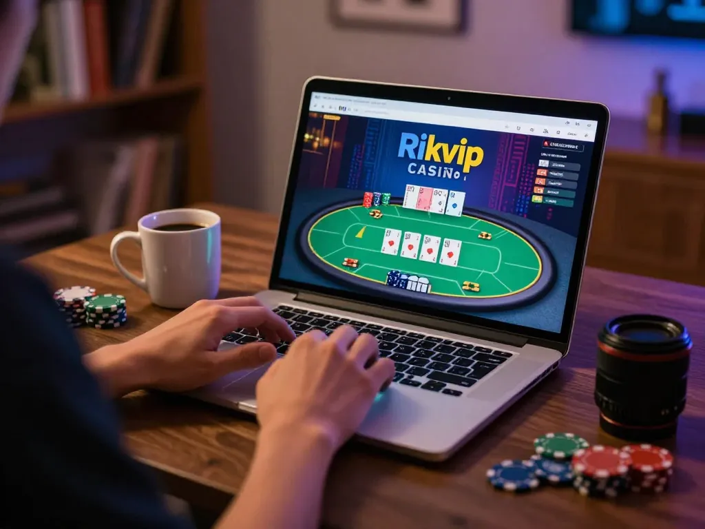 Playing poker on Rikvip amid a lively home setting, showcasing immersive online gambling experience