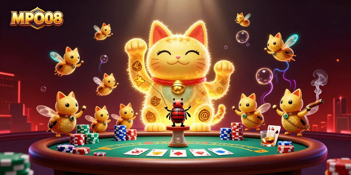 MPO08 showcases a vibrant casino scene with a golden lucky cat, enhancing interactive gaming experiences.