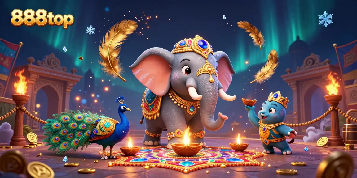 Spin and win at 888top with vibrant lottery-themed illustration featuring a Diwali elephant and peacock.