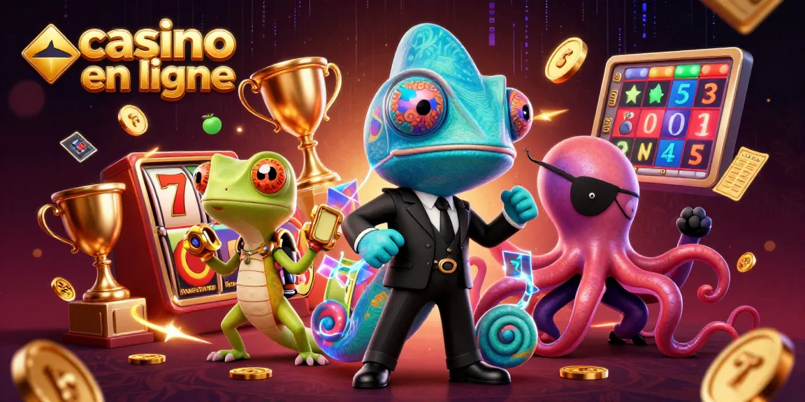 Illustration dynamique de casino en ligne avec un caméléon agent secret jouant aux machines à sous.