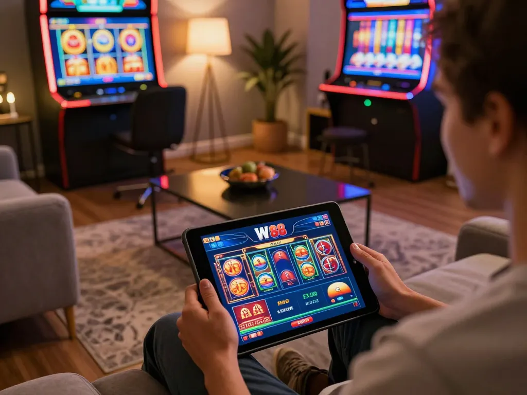 Engaging with the W 88 casino interface on a tablet in a cozy home setting