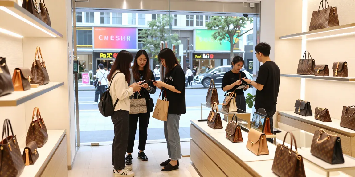 Shopper exploring replica luxury bags in a modern retail setting.