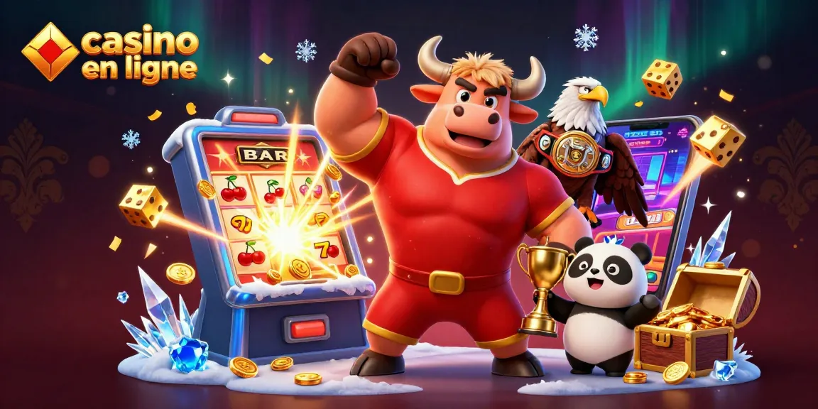 Découvrez le casino en ligne avec un taureau musclé, un aigle et un panda gagnant un trophée.
