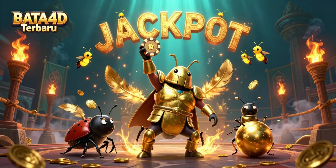 BATA4D Terbaru showcases a heroic beetle lifting a poker chip amid a dynamic casino scene, celebrating winning moments.