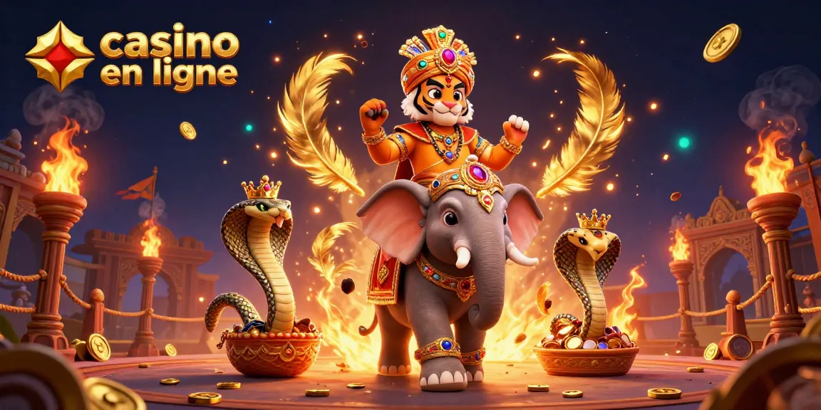 Gagnez avec des jeux de casino en ligne grâce à l'illustration dynamique d'un tigre maharaja et un éléphant.