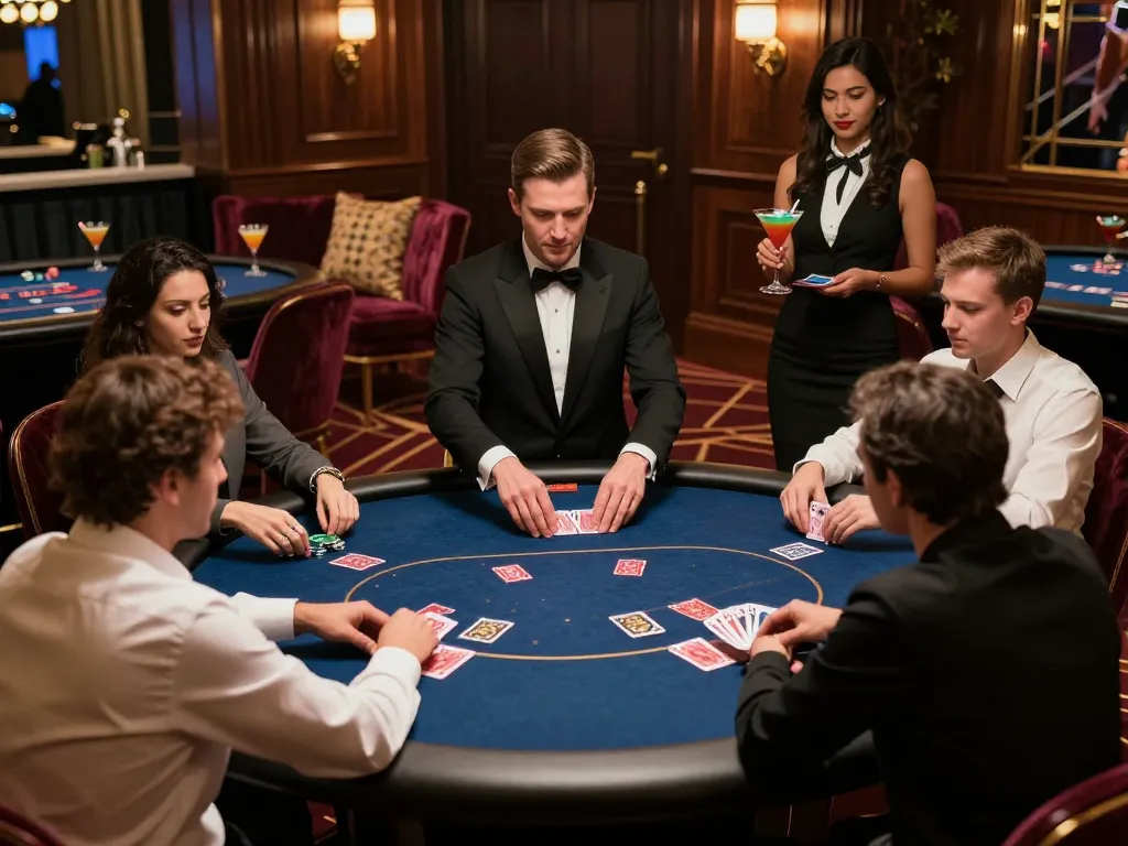 uu88 players strategizing in a luxurious VIP poker game at an upscale casino