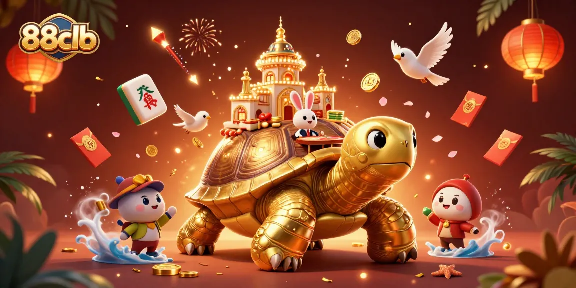 Capture the excitement of gaming at 88clb with a golden tortoise casino palace, rabbit dealer, and playful birds.