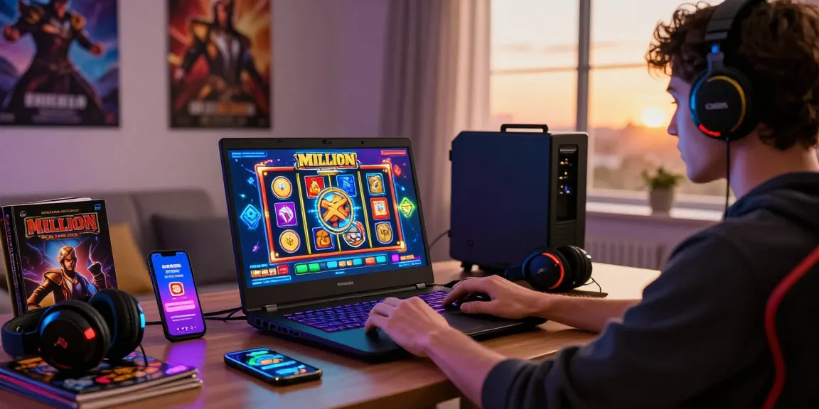 Engaged player spinning at Million Casino with laptop and vibrant LED lights.