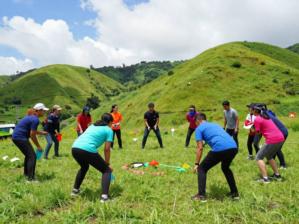Outbound Jogja group engaging in team-building activities in scenic hills.