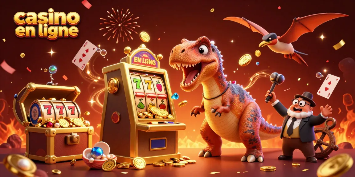 Illustration dynamique de casino en ligne avec des personnages de dinosaures et des machines à sous dorées, attirant l'attention des joueurs.