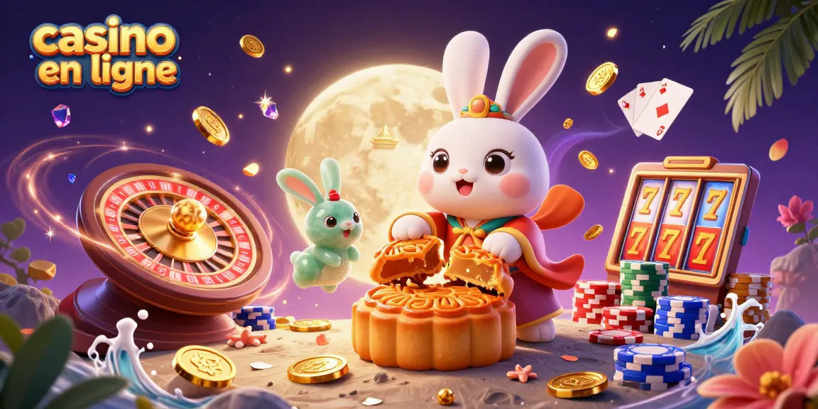 Jouer au casino en ligne avec un lapin de lune traditionnel dans une scène colorée et dynamique.