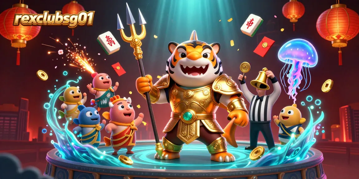 Maximize your winnings with rexclubsg01 in this 3D illustration featuring a tiger shark gladiator amidst an underwater colosseum.