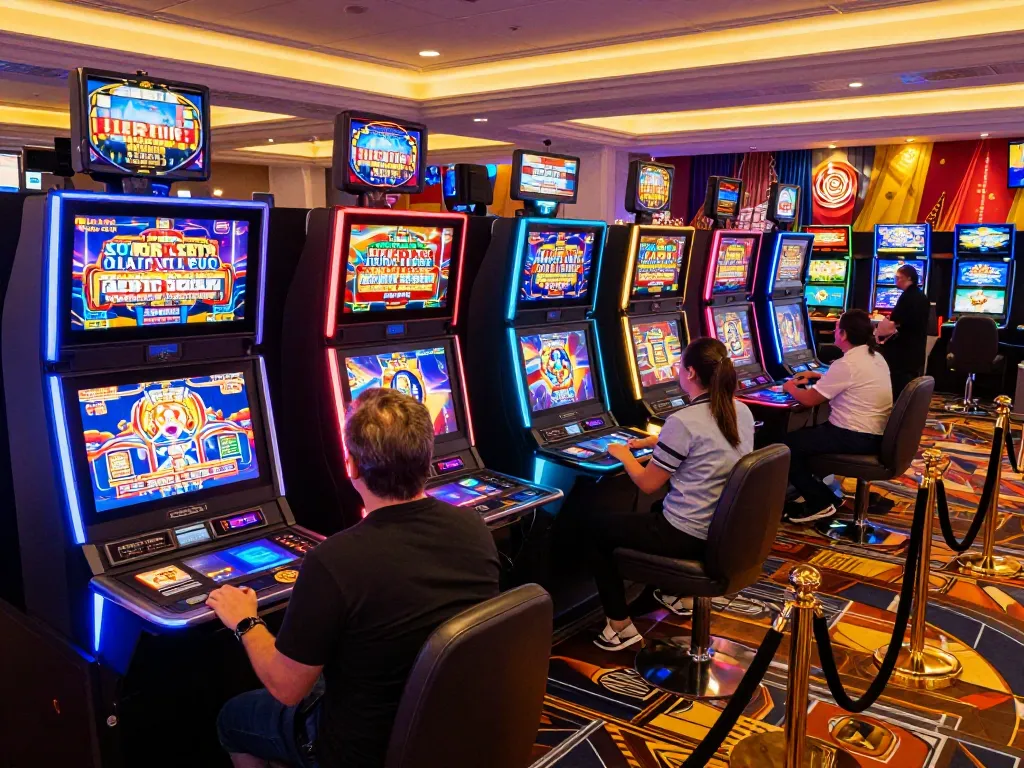 Players engaging with LLWIN casino games in a vibrant and modern atmosphere