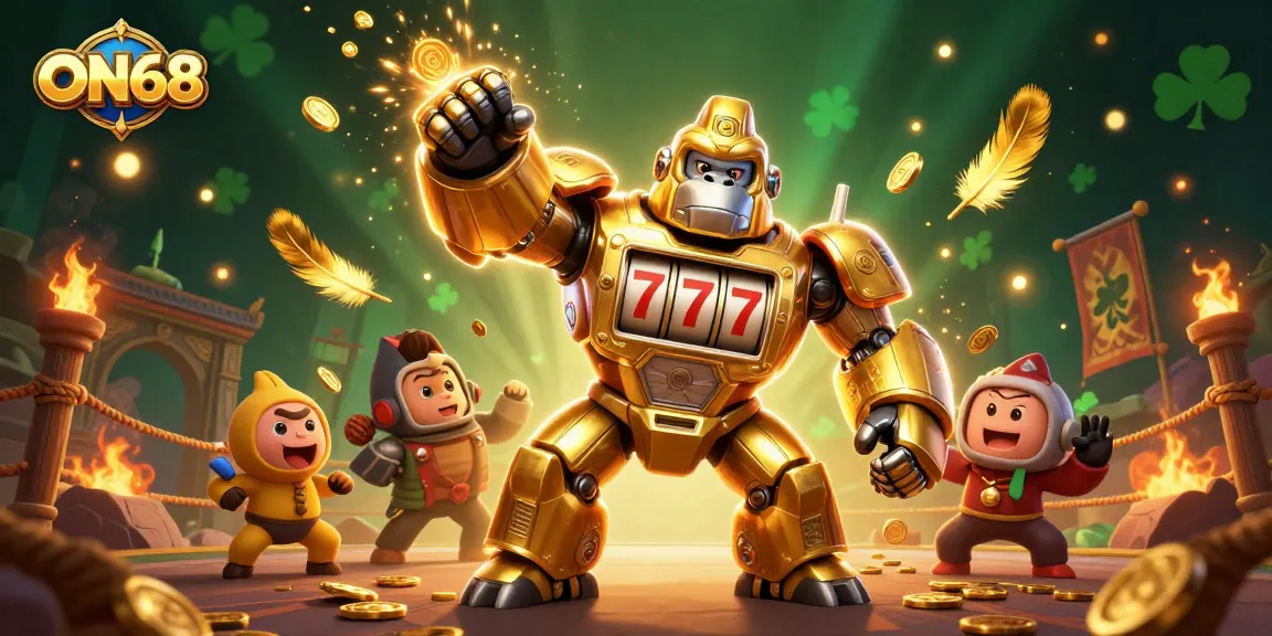 ON68 offers an exciting gaming experience featuring a dynamic golden gorilla mech with slot machine elements