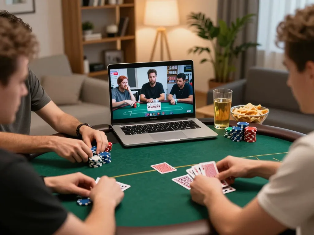 Engaging online poker gameplay showcasing nk88 link with players in strategic action in a cozy setting.