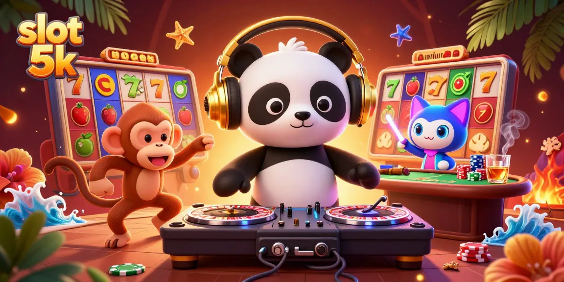 Experience thrilling entertainment with slot 5k as a DJ panda and friends celebrate victory.