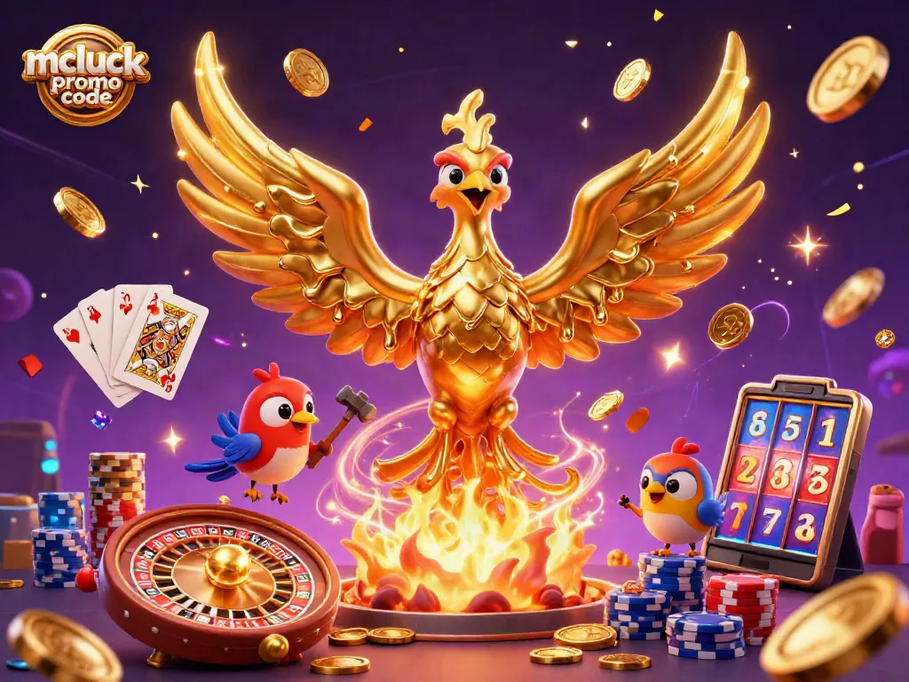 Engage with the mcluck promo code and experience a vibrant casino scene filled with dynamic gold coins and festive elements.