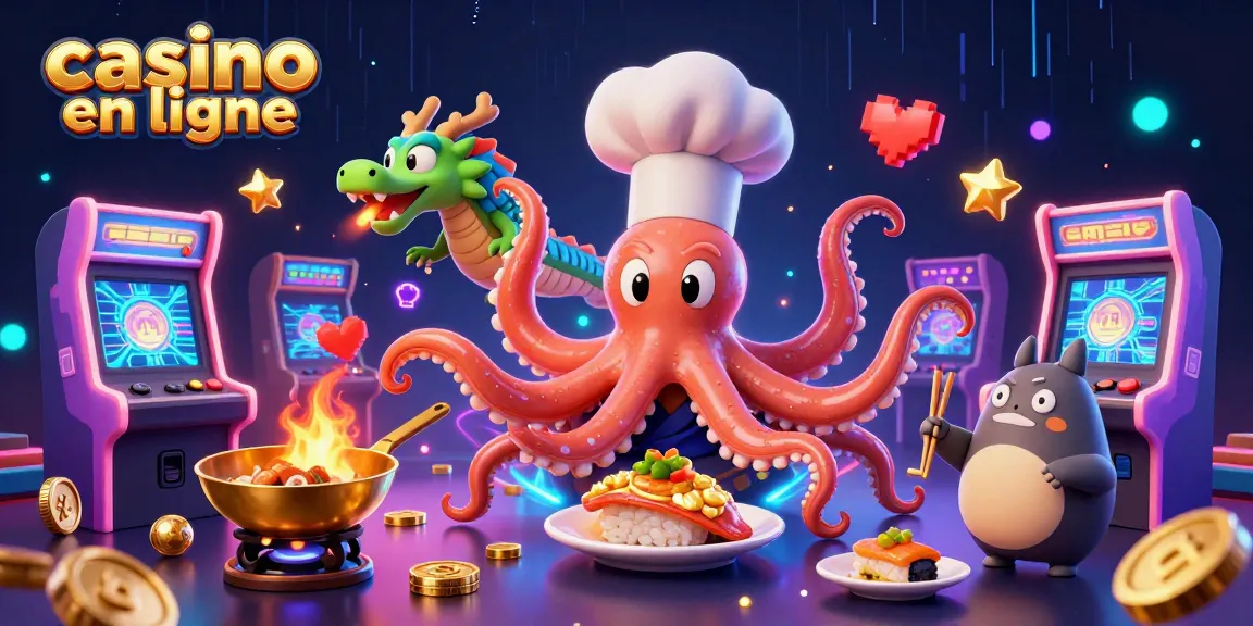 Jouer dans des animations colorées de casino en ligne avec un chef sushi et un dragon.