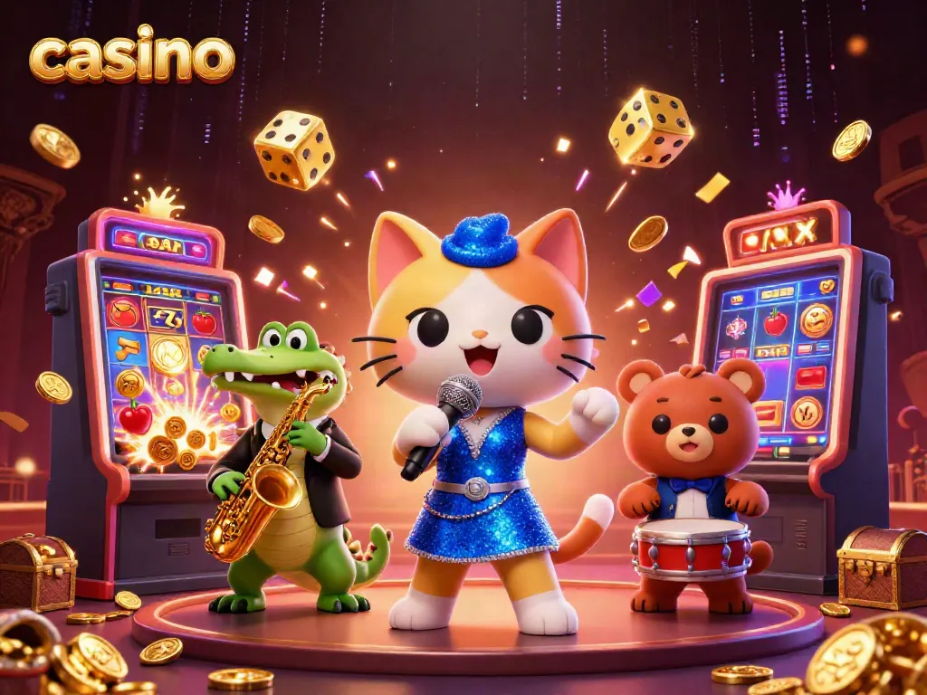 Experience lively casino entertainment with a jazz-singer cat, saxophone-playing crocodile, and drum-playing bear cub