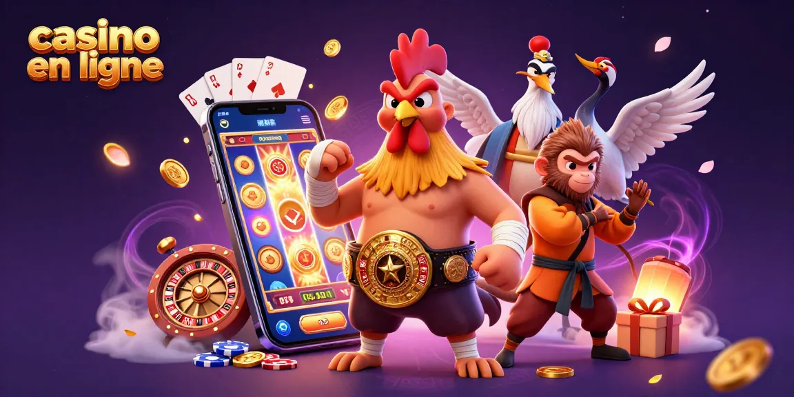 Plongez dans l'univers du casino en ligne avec un combat épique entre un coq Muay Thai et un singe Shaolin, entourés d'éléments de jeux.