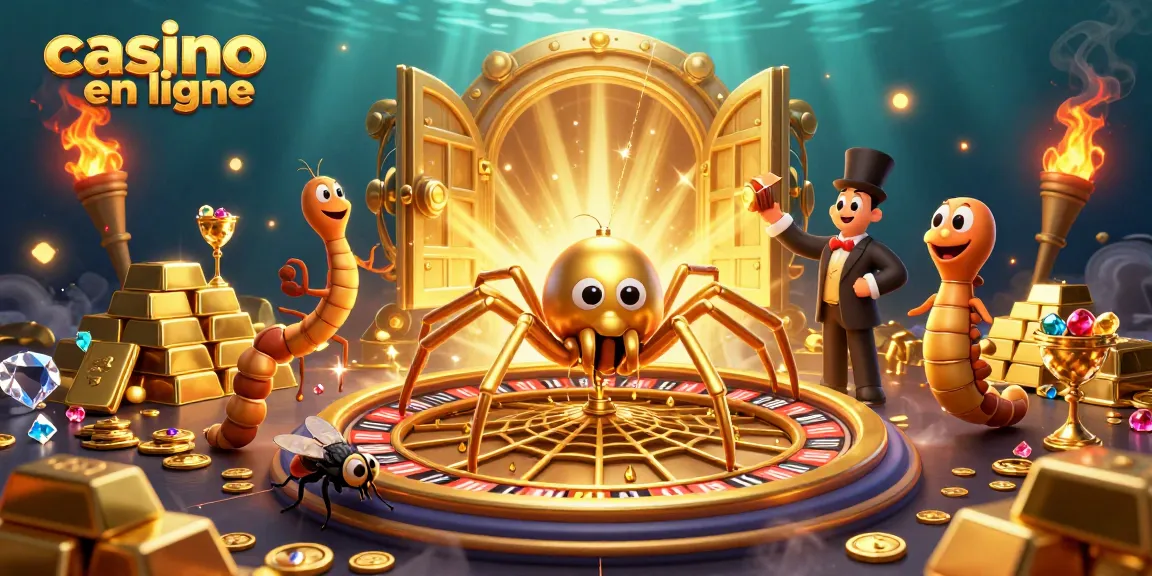 Découvrez une scène animée de casino en ligne avec une araignée dorée et des joyaux étincelants.