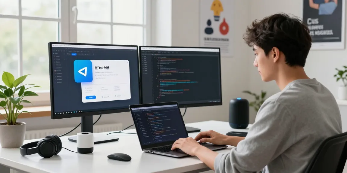 Professional workspace showcasing 纸飞机中文版 app development with dual screens and modern tech gadgets.
