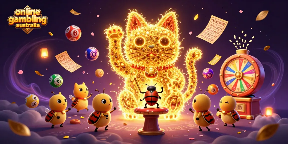Engage in online gambling Australia with dynamic golden fireflies symbolizing luck amidst colorful gaming elements.