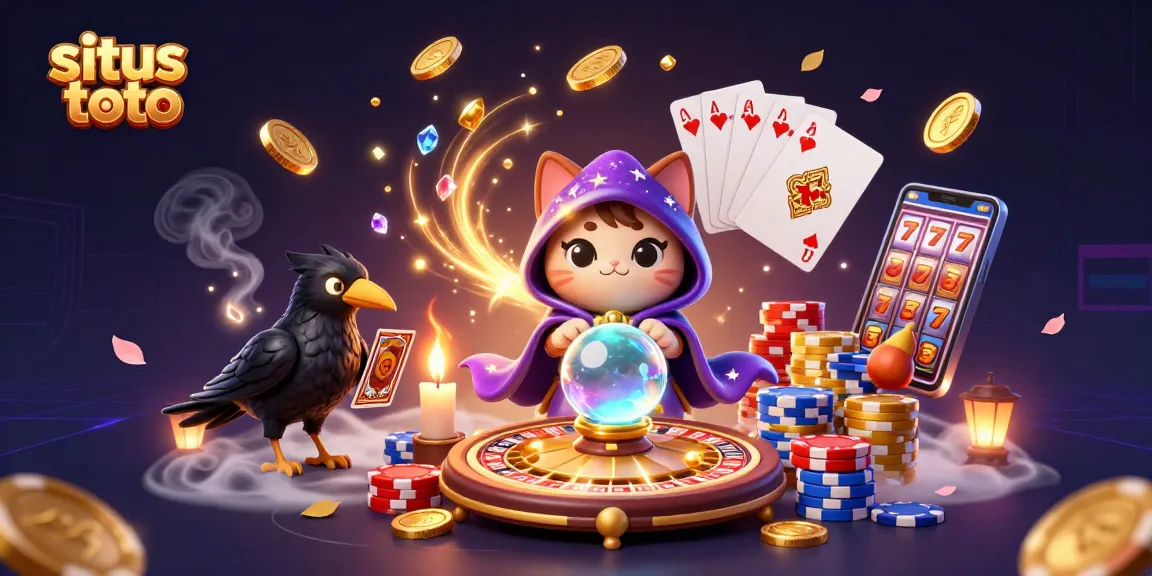 Sparkling scene with a mystic cat and tarot raven in a situs toto online gaming adventure, featuring casino chips and golden coins.