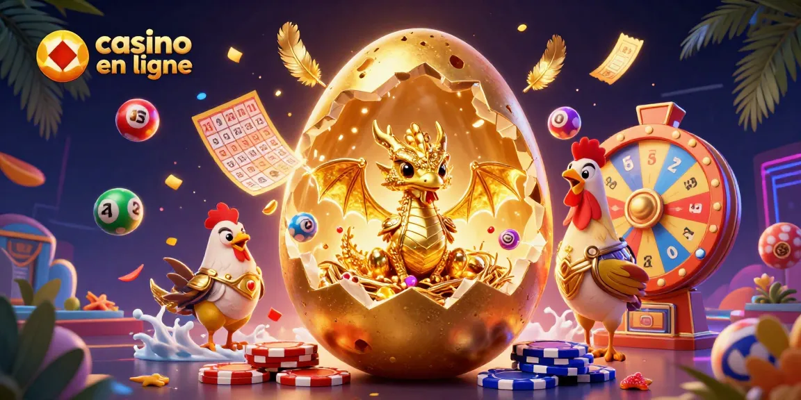 Visualisez l'univers du casino en ligne avec un œuf doré craqué révélant un dragon en or, entouré de loterie et de jeux.