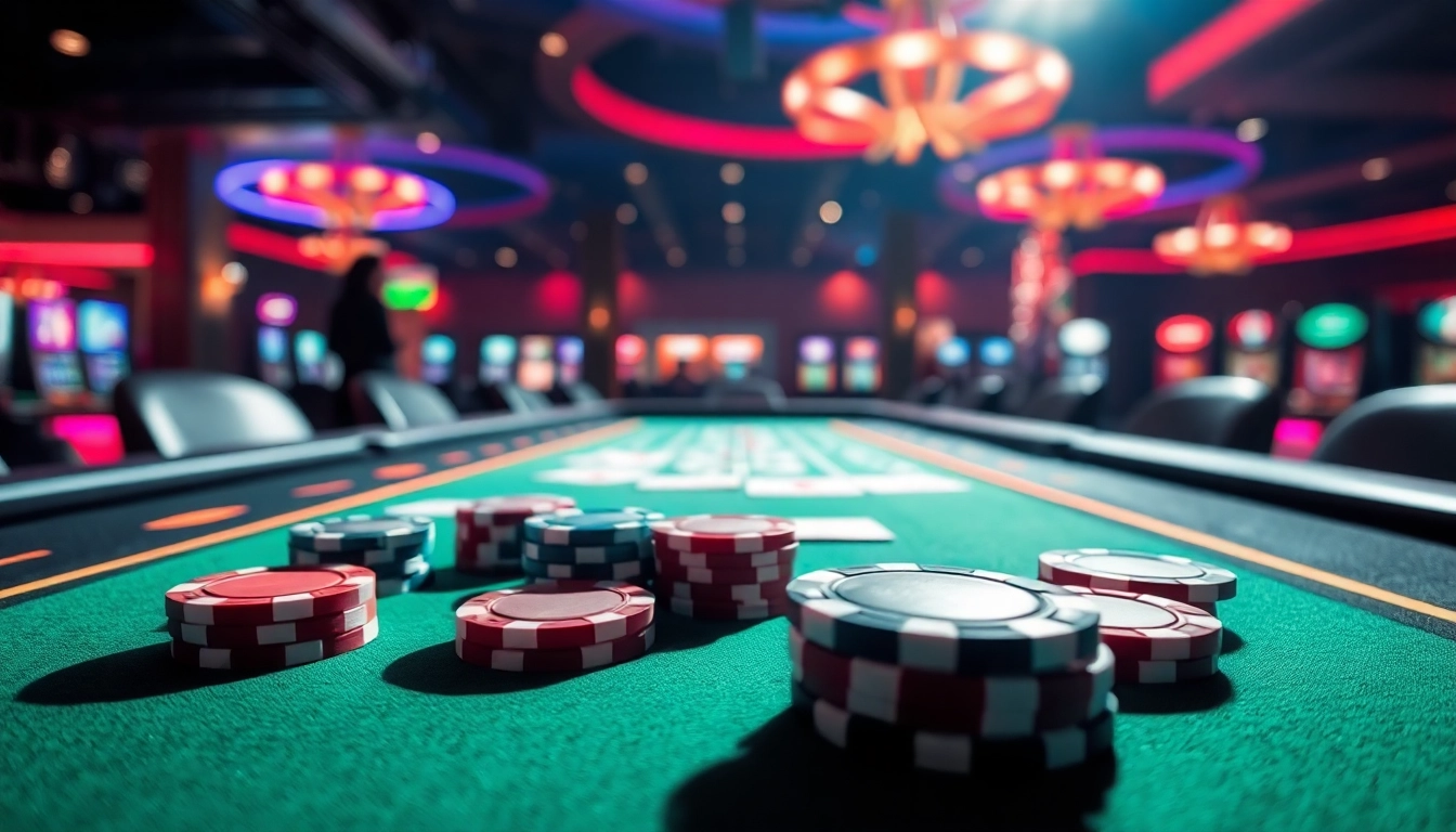 Permainan bbni4d dengan suasana kasino, meja penuh chip dan kartu.