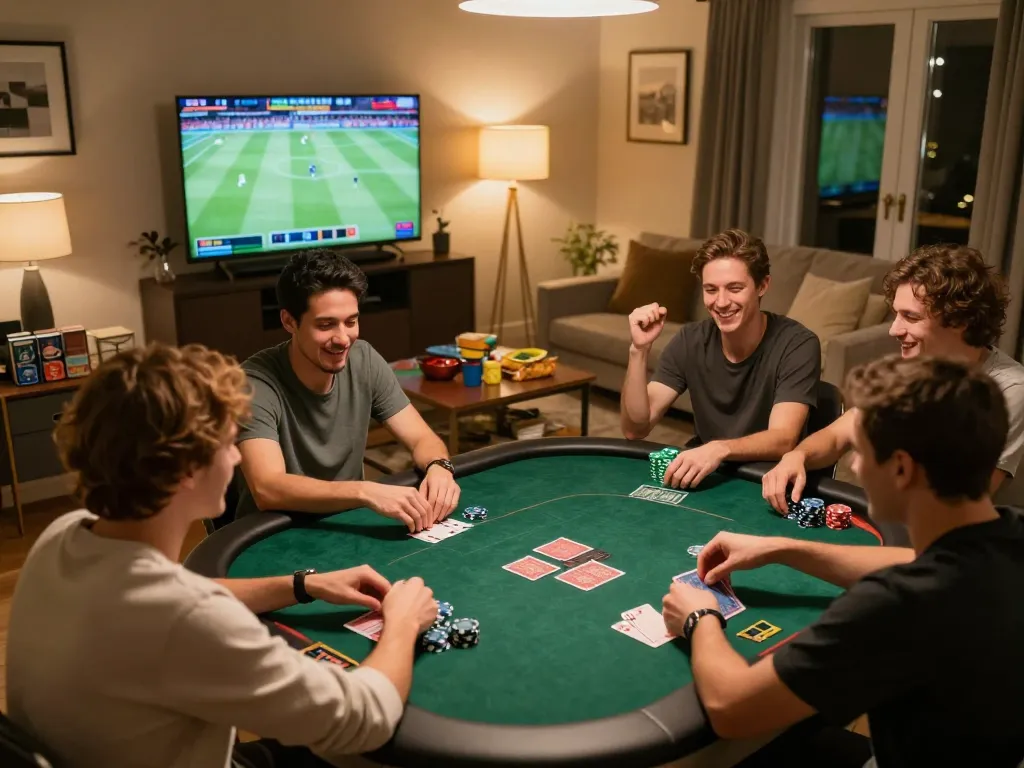 Friends enjoying a poker night while using nhandinhkeonhacai for sports betting insights, lively atmosphere with cards and chips visible.