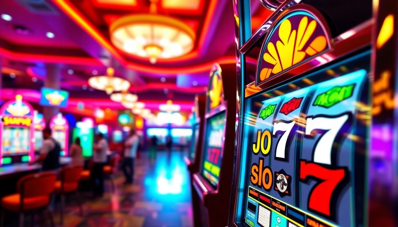 Main features of slot777 casino game with vibrant symbols and excited players around it.