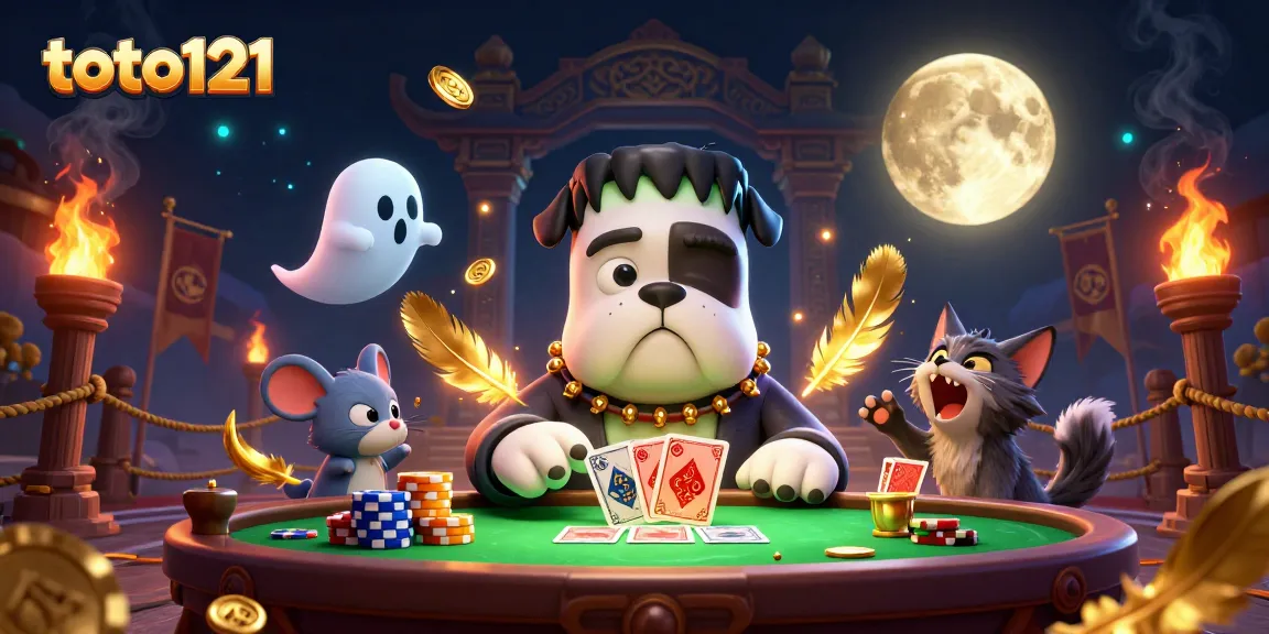 toto121 menampilkan monster bulldog Frankenstein yang menangani kartu di meja kasino yang menakutkan.