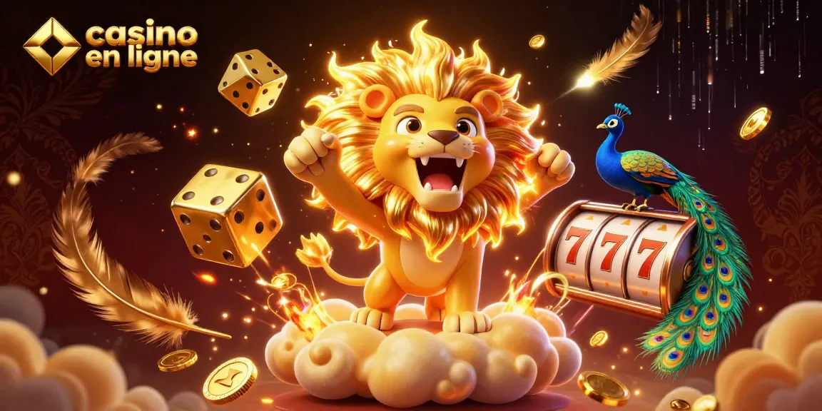 Imaginez une scène dynamique de casino en ligne où un lion avec une crinière enflammée rugit, flanqué de dés dorés.