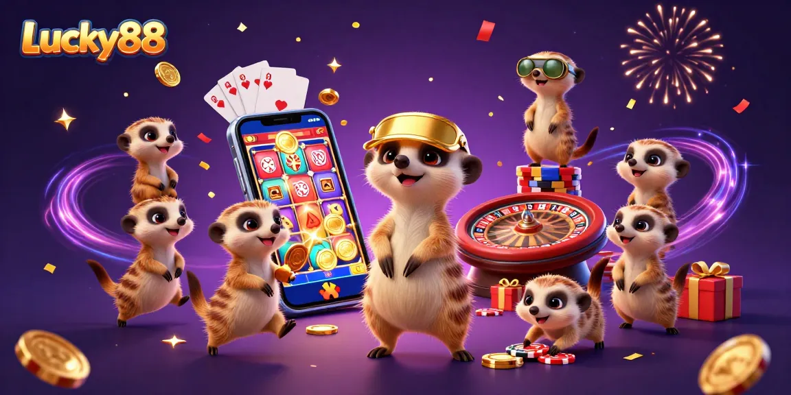 Engage with Lucky88's thrilling casino adventure featuring a meerkat-operated gaming scene.