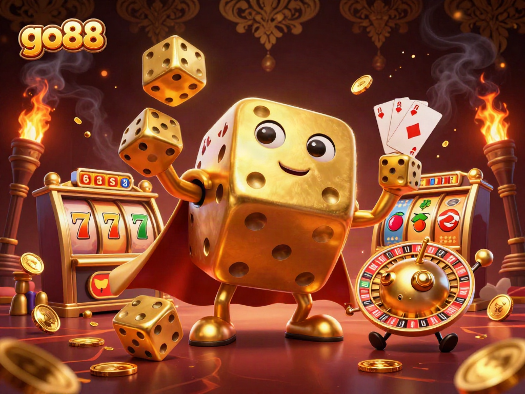 Experience go88's vibrant and engaging slots scene with a golden dice golem and dynamic elements.