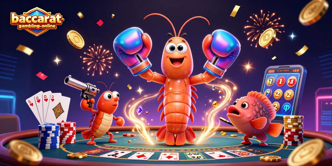 Baccarat-gambling-online showcases intense gameplay with a 3D cartoon shrimp duo celebrating big wins and dynamic action.