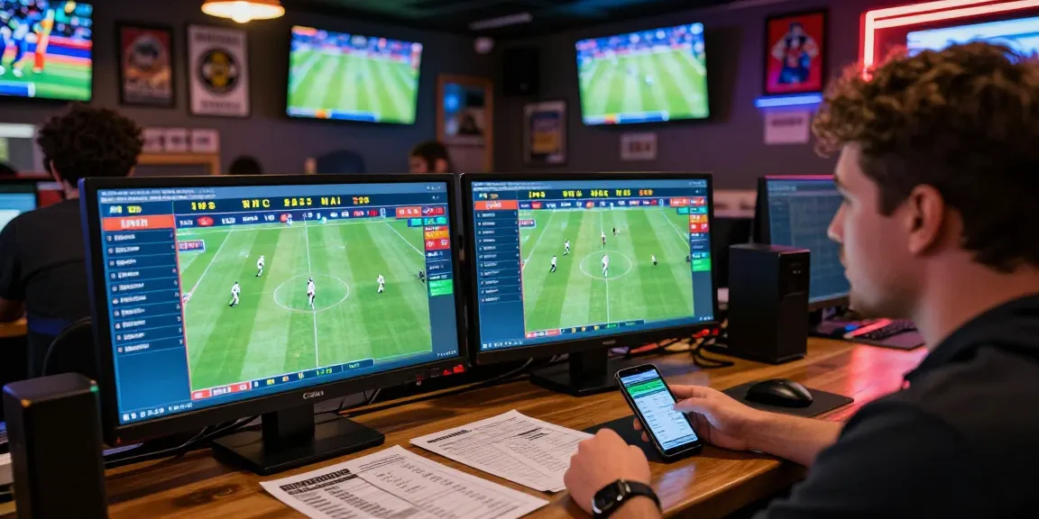 Engaged bettor using keobongdahomnay to analyze live football odds in a vibrant sports bar setting.