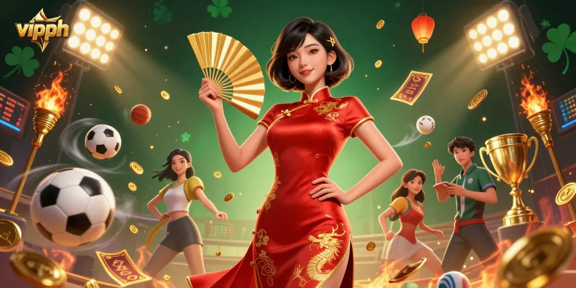 Engage with vipph as dynamic sports elements surround a confident Asian woman in vibrant attire.