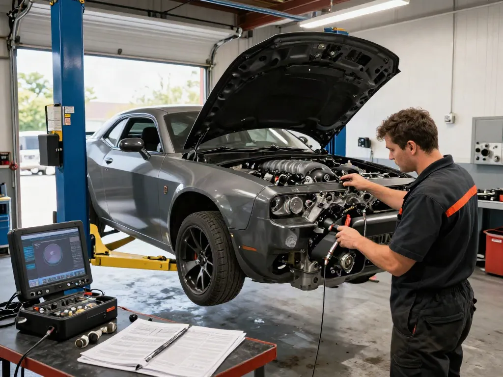 High-performance hellcat engine for sale showcased in a dynamic automotive workshop.
