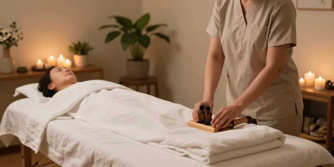 마포출장안마 service preparation in a tranquil spa environment with calming decor and aromatherapy.