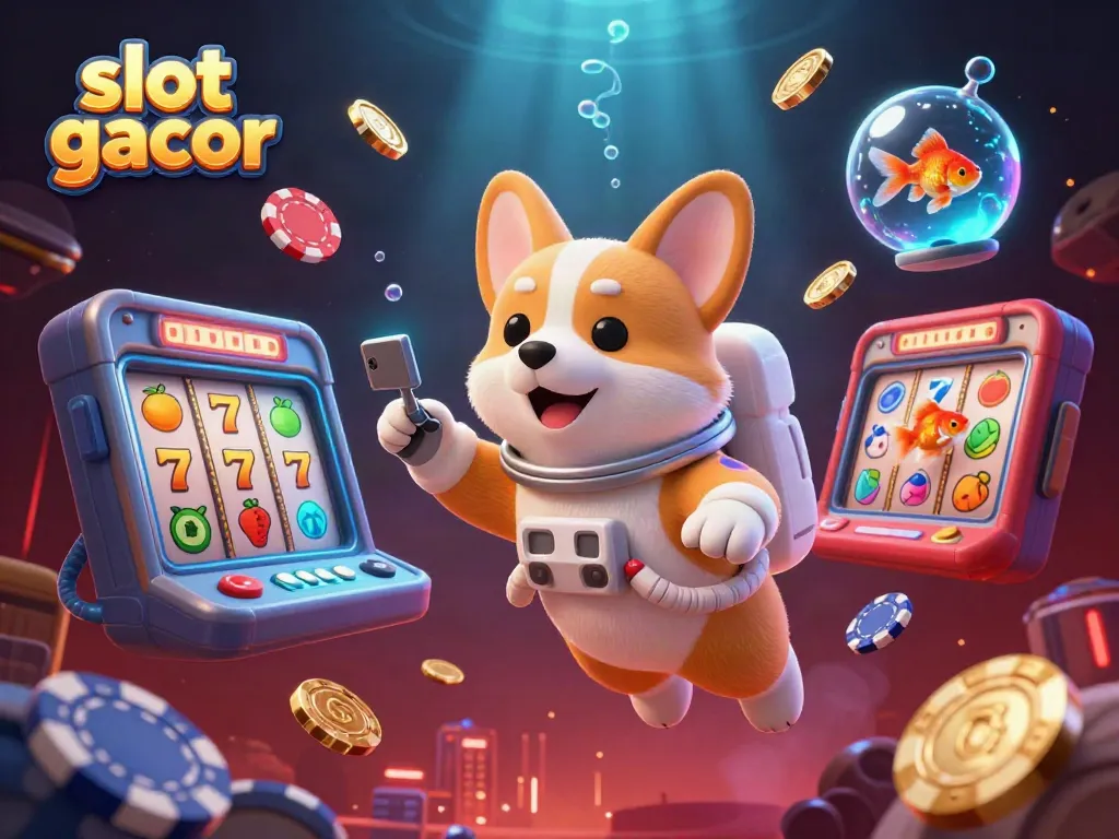 Engaging scene of slot gacor featuring a corgi astronaut, casino elements, and dynamic glowing effects.