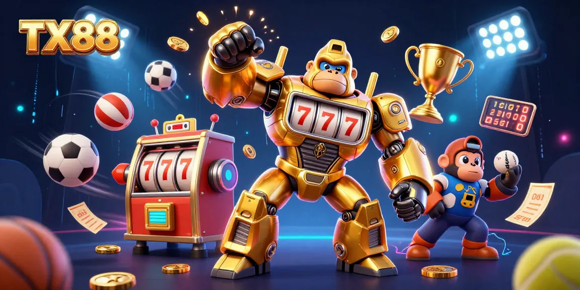 TX88 gaming illustration with a golden gorilla mech, coins, and sports elements exploding dynamically.