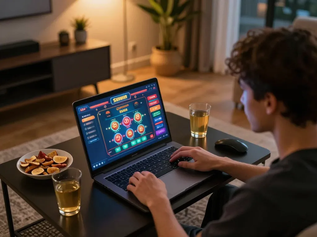 Engaging online gaming atmosphere with Sunwin casino, player focusing on laptop screen during home gaming session.