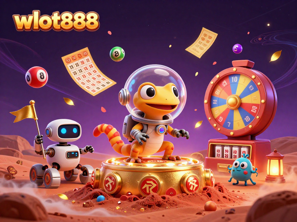 Jelajahi keajaiban wslot888 dengan kasino emas dan bola lotere dalam ilustrasi ceria.